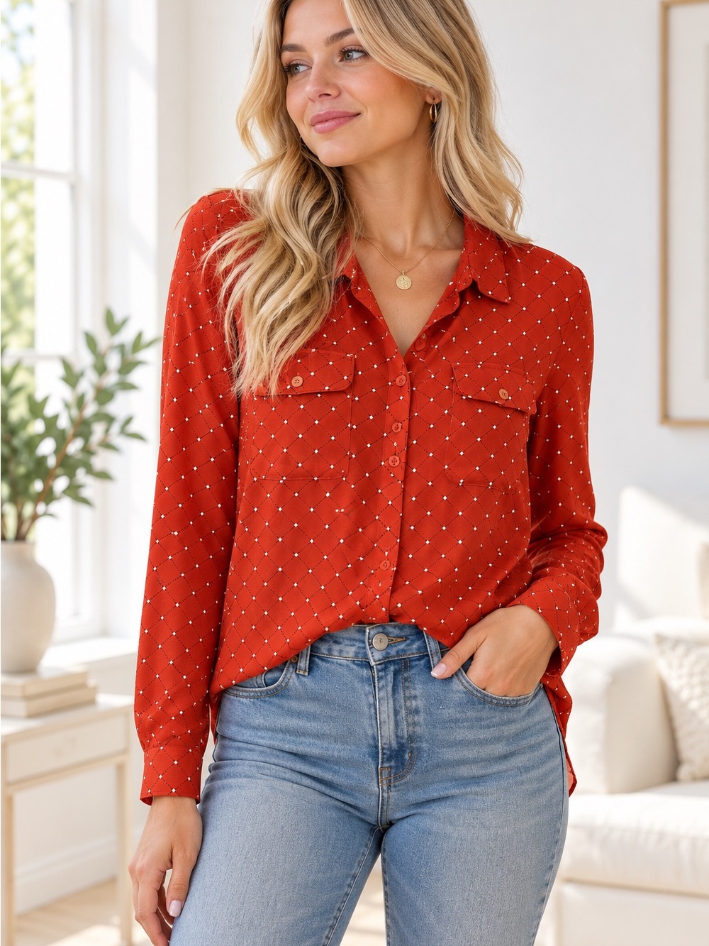 Notations Rust Red Button-Down Dot Print Shirt